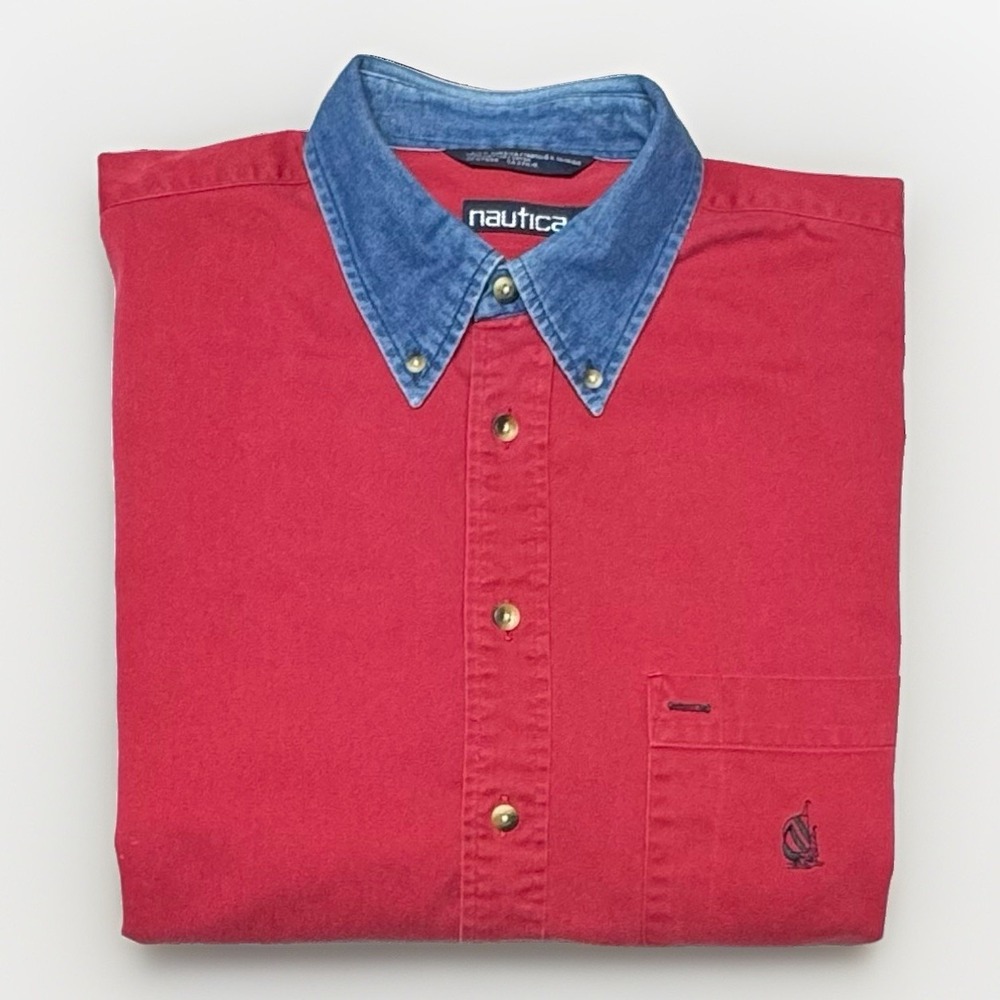 Vintage Nautica Red Twill Button Down Pocket Shirt Men's XL Denim Collar 90s